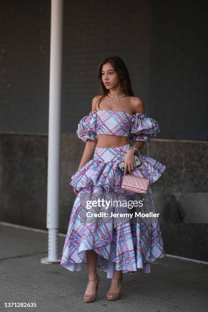 Mika Benabs is seen outside Claudia Li during New York Fashion Week on February 16, 2022 in New York City.