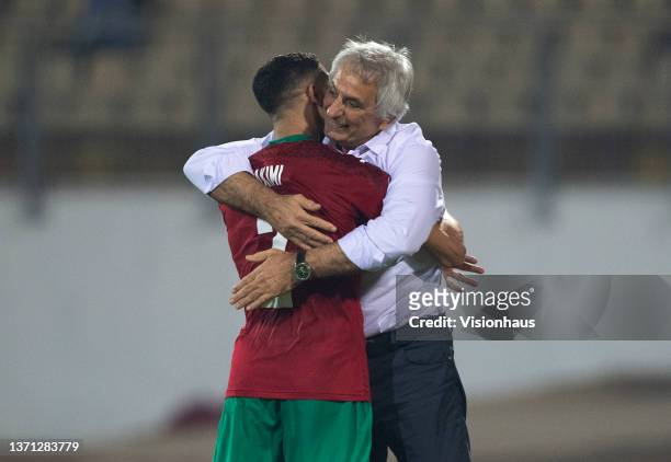 Of Morocco celebrates his goal with Head Coach Vahid Halilhodzic during the Africa Cup of Nations 2021 round of 16 football match between Morocco and...