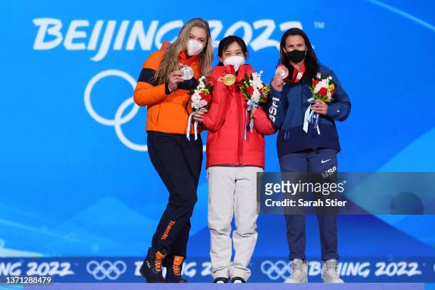Gold medallist Miho Takagi of Team Japan , Silver Medallist Jutta Leerdam of Team Netherlands and Bronze Medallist Brittany Bowe of Team United...
