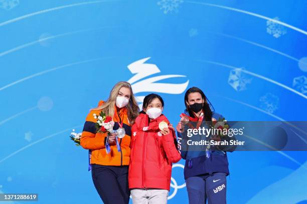 Gold medallist Miho Takagi of Team Japan , Silver Medallist Jutta Leerdam of Team Netherlands and Bronze Medallist Brittany Bowe of Team United...