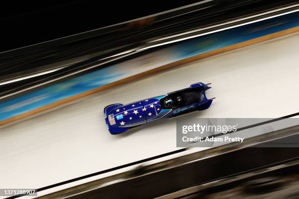 Elana Meyers Taylor and Sylvia Hoffman of Team United States slide during the 2-women Bobsleigh heats on day 14 of Beijing 2022 Winter Olympic Games...