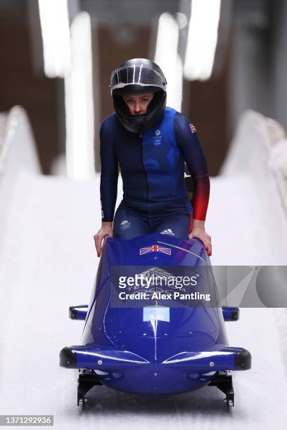 Mica Mcneill and Montell Douglas of Team Great Britain slide during the 2-women Bobsleigh heats on day 14 of Beijing 2022 Winter Olympic Games at...
