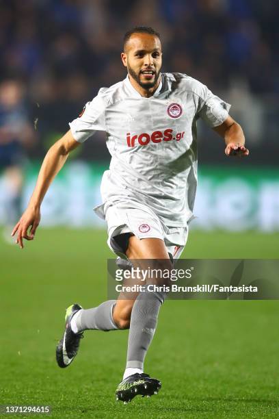 Youssef El Arabi of Olympiakos in action during the UEFA Europa League Knockout Round Play-Offs Leg One match between Atalanta and Olympiacos at...