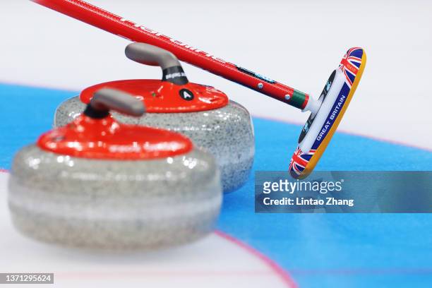 Detailed view of a Team Great Britain curling brush is seen while competing against Team Sweden during the Women's Semi-Final on Day 14 of the...