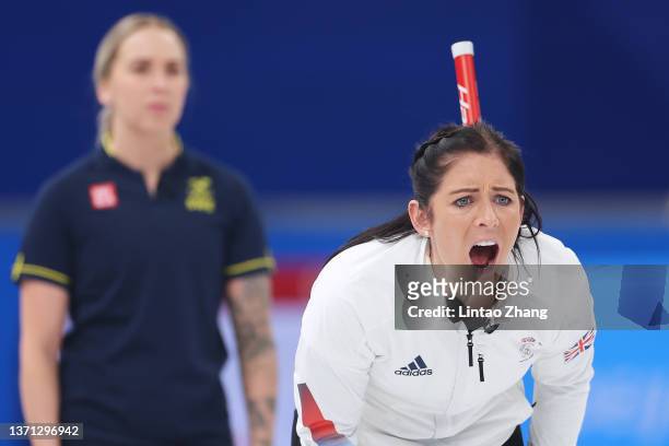Eve Muirhead of Team Great Britain reacts while competing against Team Sweden during the Women's Semi-Final on Day 14 of the Beijing 2022 Winter...