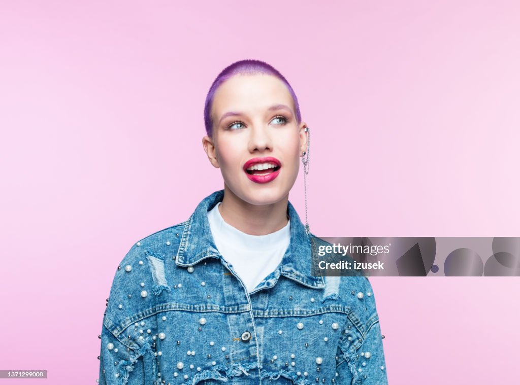 Young woman with short purple hair