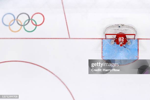 Ivan Fedotov of Team ROC in goal during the Men's Ice Hockey Playoff Semifinal match between Team ROC and Team Sweden on Day 14 of the Beijing 2022...