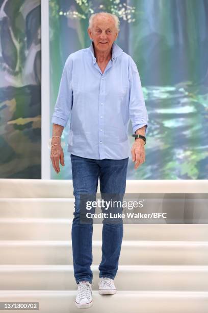 Designer Paul Costelloe walks the runway at the Paul Costelloe show during London Fashion Week February 2022 on February 18, 2022 in London, England.