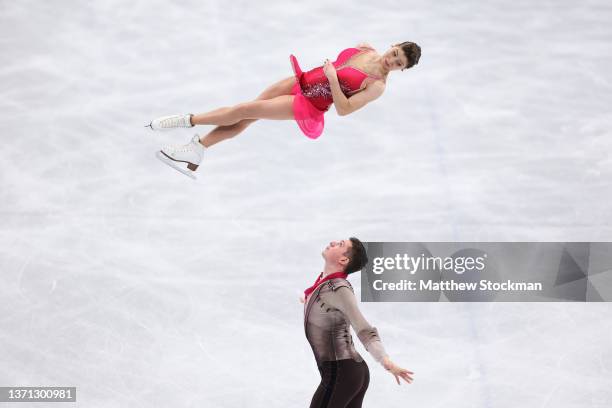 Anastasia Mishina and Aleksandr Galliamov of Team ROC skate during the Pair Skating Short Program on day fourteen of the Beijing 2022 Winter Olympic...