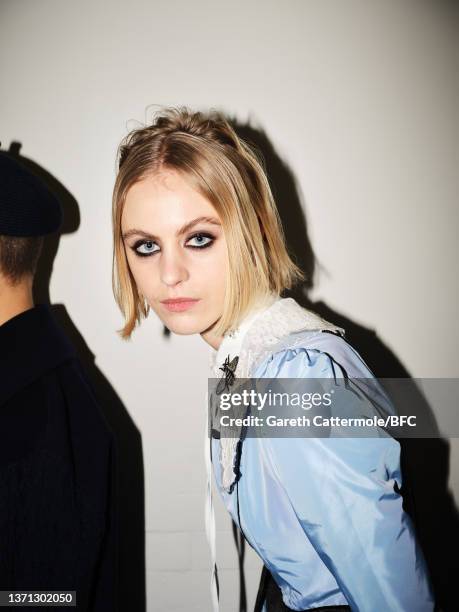 Model backstage ahead of the Bora Aksu show during London Fashion Week February 2022 on February 18, 2022 in London, England.