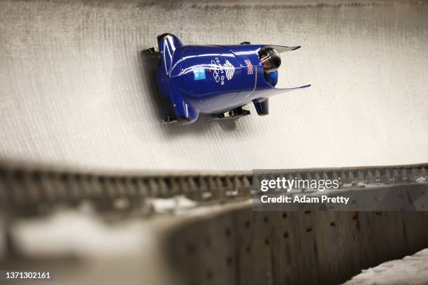 Mica Mcneill and Montell Douglas of Team Great Britain slide during the 2-women Bobsleigh heats on day 14 of Beijing 2022 Winter Olympic Games at...