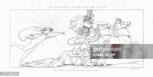 stockillustraties, clipart, cartoons en iconen met hector's body dragged at the car of achilles (iliad) - chariot
