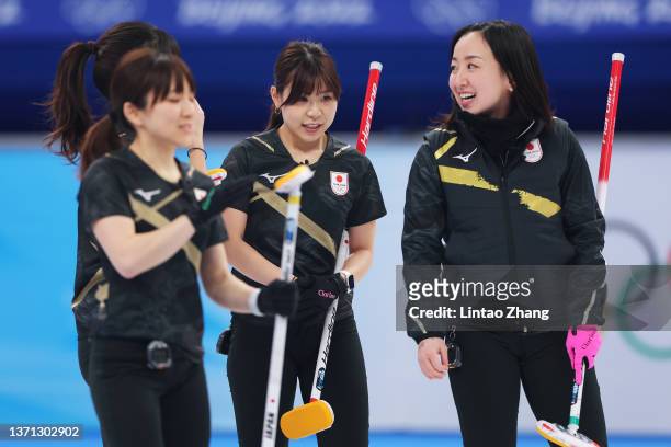 Yurika Yoshida and Satsuki Fujisawa of Team Japan react while competing against Team Switzerland during the Women's Semi-Final on Day 14 of the...