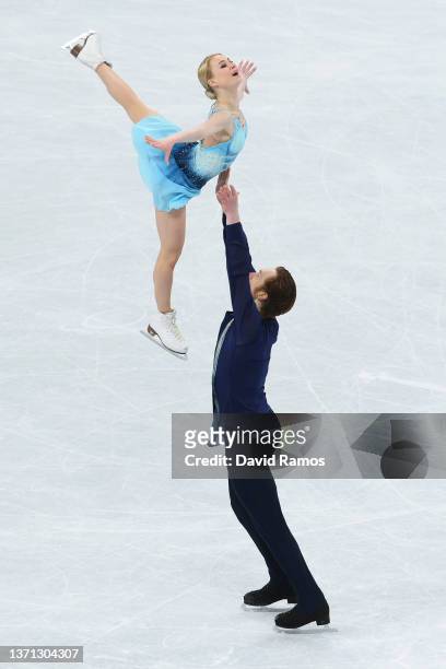 Evgenia Tarasova and Vladimir Morozov of Team ROC skate during the Pair Skating Short Program on day fourteen of the Beijing 2022 Winter Olympic...