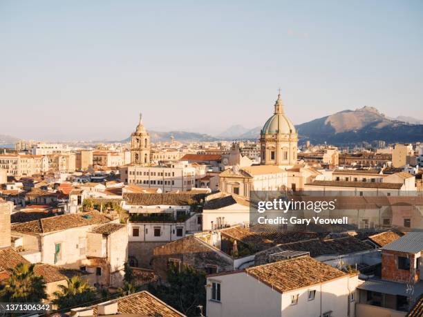 palermo skyline at sunset - palermo sicily stock pictures, royalty-free photos & images