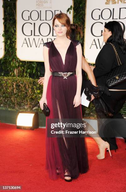 Actress Emma Stone arrives at the 69th Annual Golden Globe Awards held at the Beverly Hilton Hotel on January 15, 2012 in Beverly Hills, California.