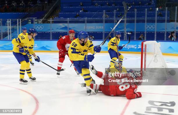 Anton Slepyshev of Team ROC scores a goal in the second period during the Men's Ice Hockey Playoff Semifinal match between Team ROC and Team Sweden...