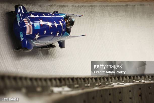 Elana Meyers Taylor and Sylvia Hoffman of Team United States slide during the 2-women Bobsleigh heats on day 14 of Beijing 2022 Winter Olympic Games...