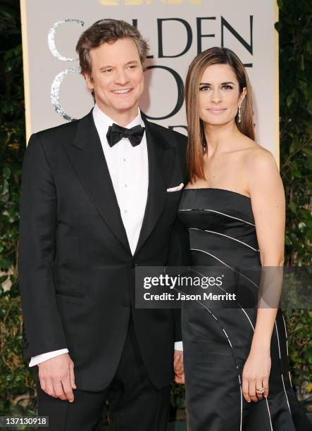 Actors Colin Firth and Livia Giuggioli arrive at the 69th Annual Golden Globe Awards held at the Beverly Hilton Hotel on January 15, 2012 in Beverly...