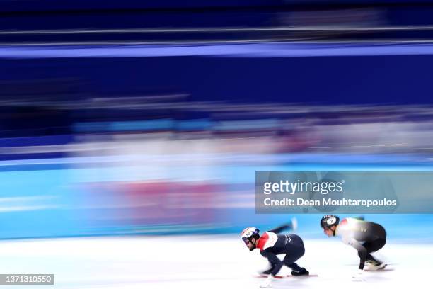 Sjinkie Knegt of Team Netherlands skates during the Men's 5000m Relay Final B on day twelve of the Beijing 2022 Winter Olympic Games at Capital...