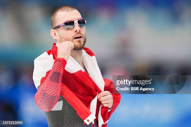 Silver medal winner Laurent Dubreuil of Canada during the Men's 1000m on day 14 of the Beijing 2022 Olympic Games at the National Speedskating Oval...