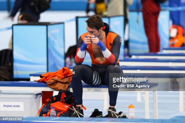 Emotions by Hein Otterspeer of the Netherlands during the Men's 1000m on day 14 of the Beijing 2022 Olympic Games at the National Speedskating Oval...