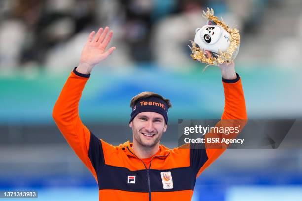 Gold medal winner Thomas Krol of the Netherlands celebrates during the Men's 1000m on day 14 of the Beijing 2022 Olympic Games at the National...
