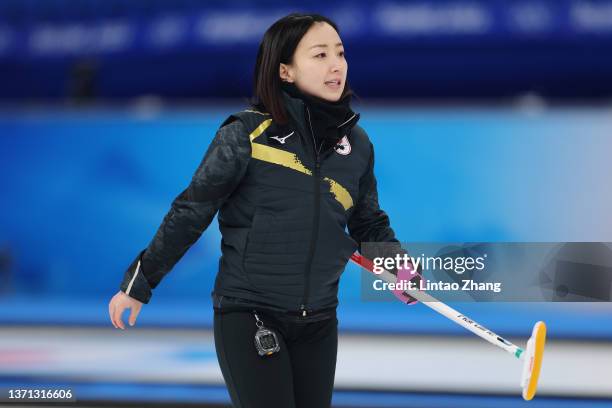 Satsuki Fujisawa of Team Japan looks on while competing against Team Switzerland during the Women's Semi-Final on Day 14 of the Beijing 2022 Winter...