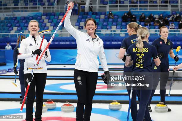 Vicky Wright and Eve Muirhead of Team Great Britain celebrate their victory against Team Sweden during the Women's Semi-Final on Day 14 of the...