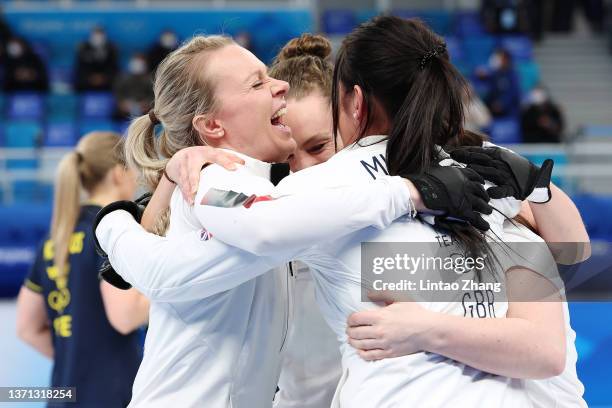 Vicky Wright, Jennifer Dodds, Eve Muirhead and Hailey Duff of Team Great Britain celebrate their victory against Team Sweden during the Women's...