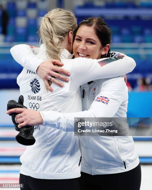 Vicky Wright and Eve Muirhead of Team Great Britain celebrate their victory against Team Sweden during the Women's Semi-Final on Day 14 of the...