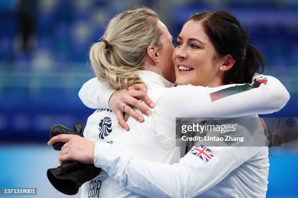 Vicky Wright and Eve Muirhead of Team Great Britain celebrate their victory against Team Sweden during the Women's Semi-Final on Day 14 of the...