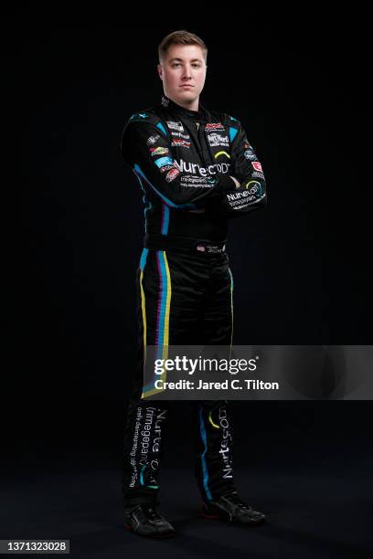 Driver Garrett Smithley poses for a photo during NASCAR Production Days at Daytona International Speedway on February 17, 2022 in Daytona Beach,...