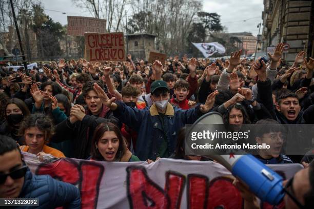Students protest during a national demonstration against school-work alternation and to remember two students who died while working on an unpaid...
