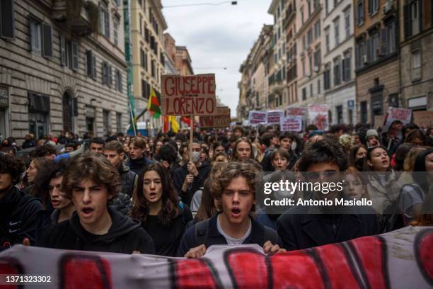 Students protest during a national demonstration against school-work alternation and to remember two students who died while working on an unpaid...