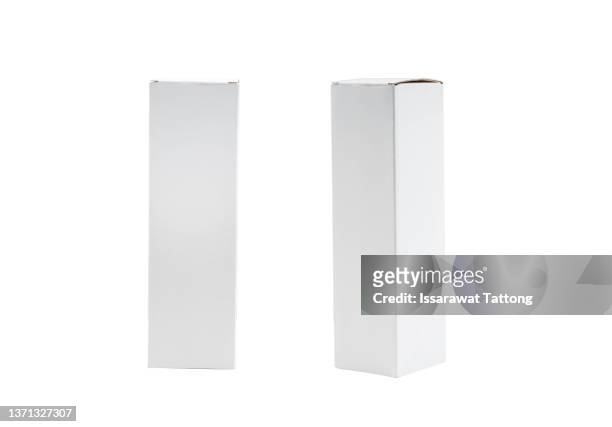 tall white product box with copy space isolated on white background. - box packaging mockup stock pictures, royalty-free photos & images