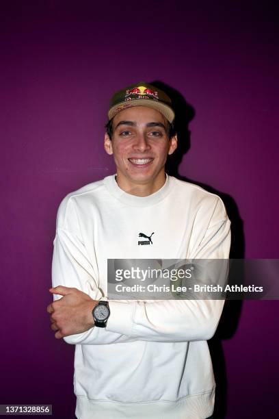 Armand Duplantis of Sweden poses for the camera as he meets the media ahead of the Muller Indoor Grand Prix at Utilita Arena Birmingham on February...