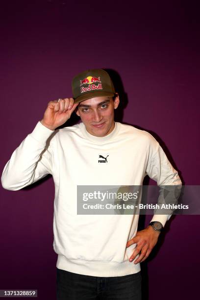 Armand Duplantis of Sweden poses for the camera as he meets the media ahead of the Muller Indoor Grand Prix at Utilita Arena Birmingham on February...