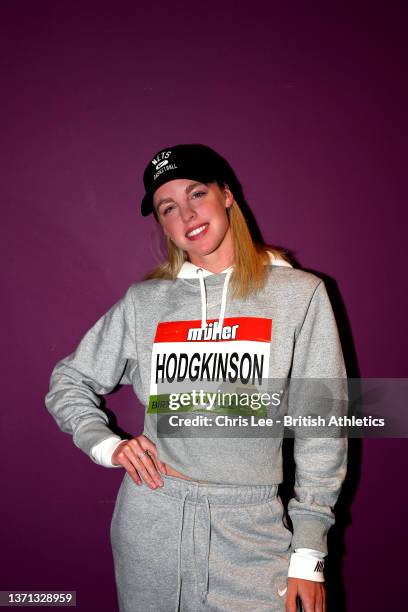 Keely Hodgkinson of Great Britain poses for the camera as she meets the media ahead of the Muller Indoor Grand Prix at Utilita Arena Birmingham on...