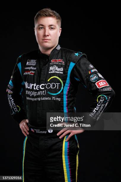 Driver Garrett Smithley poses for a photo during NASCAR Production Days at Daytona International Speedway on February 17, 2022 in Daytona Beach,...