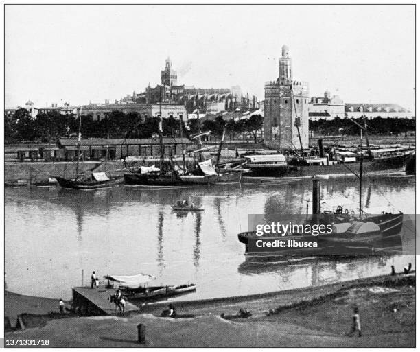 antique travel photographs of spain: seville - seville port stock illustrations