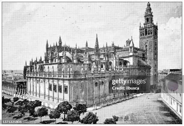 antique travel photographs of spain: seville, cathedral - giralda tower stock illustrations