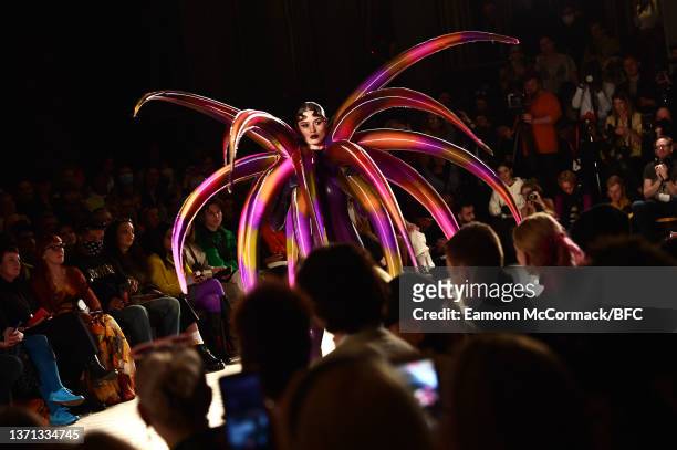 Model walks the runway at the On | Off Presents Jack Irving show during London Fashion Week February 2022 on February 18, 2022 in London, England.