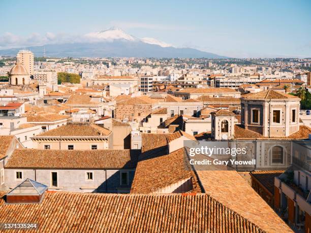 rooftops and mount etna in catania - etna orange stockfoto's en -beelden