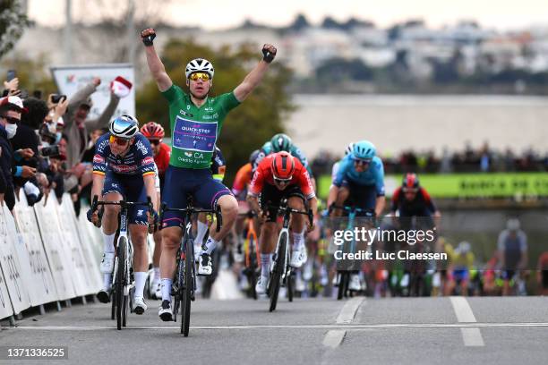 Fabio Jakobsen of Netherlands and Team Quick-Step - Alpha Vinyl green points jersey celebrates winning ahead of Tim Merlier of Belgium and Team...