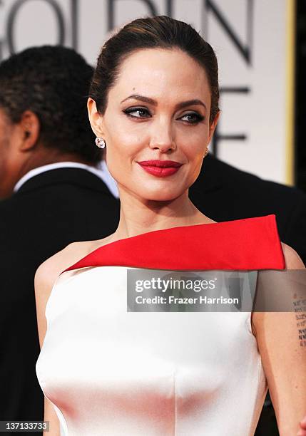 Actress Angelina Jolie arrives at the 69th Annual Golden Globe Awards held at the Beverly Hilton Hotel on January 15, 2012 in Beverly Hills,...