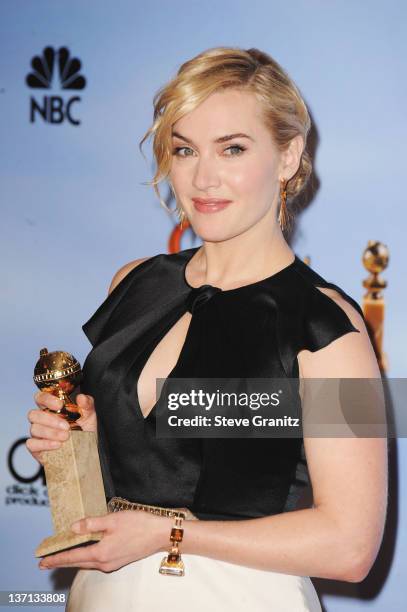 Actress Kate Winslet poses in the press room at the 69th Annual Golden Globe Awards held at the Beverly Hilton Hotel on January 15, 2012 in Beverly...