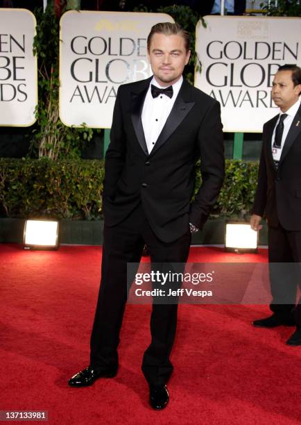 Actor Leonardo DiCaprio arrives at the 69th Annual Golden Globe Awards held at the Beverly Hilton Hotel on January 15, 2012 in Beverly Hills,...