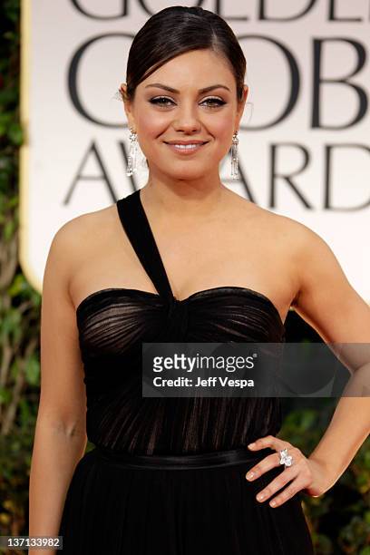 Actress Mila Kunis arrives at the 69th Annual Golden Globe Awards held at the Beverly Hilton Hotel on January 15, 2012 in Beverly Hills, California.