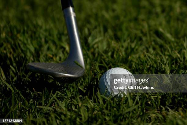 Detailed view of a golf ball belonging to Brendan Steele of the United States is seen during the second round of The Genesis Invitational at Riviera...